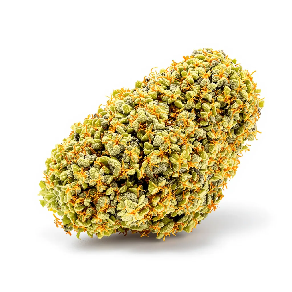 Melonade 17% indica / 83% sativa flower with visible trichomes