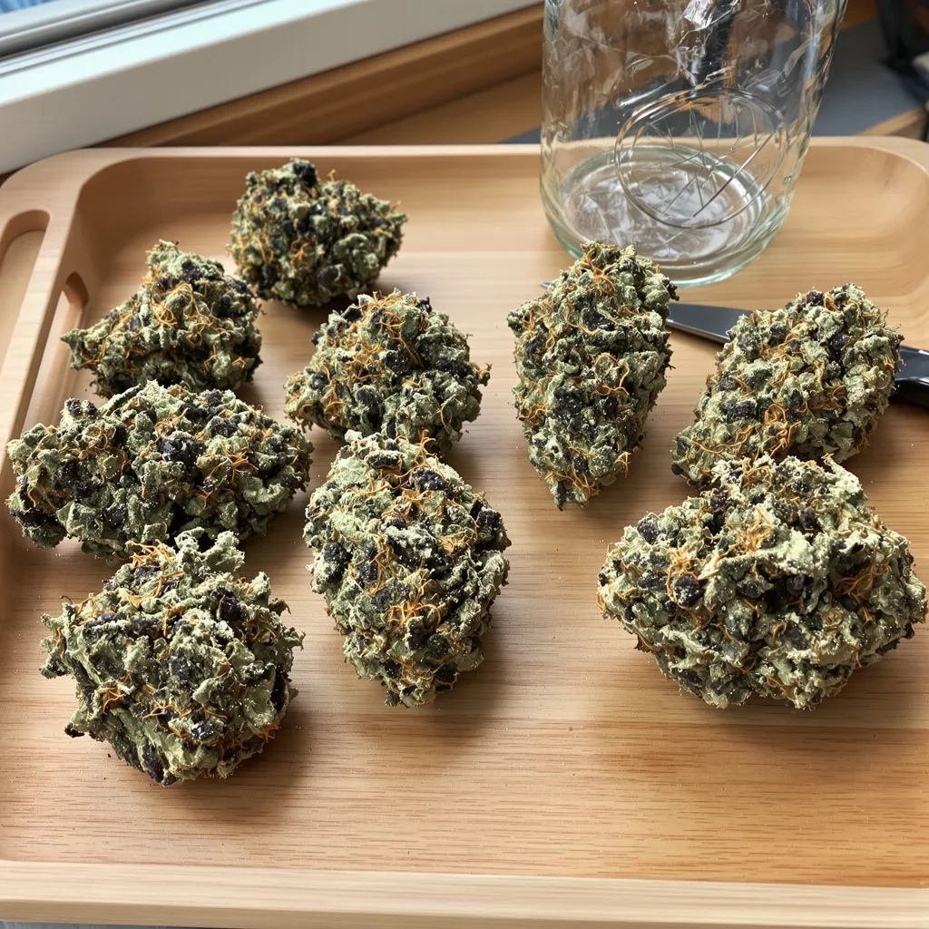 Mendo Breath 67% indica / 33% sativa flower with visible trichomes