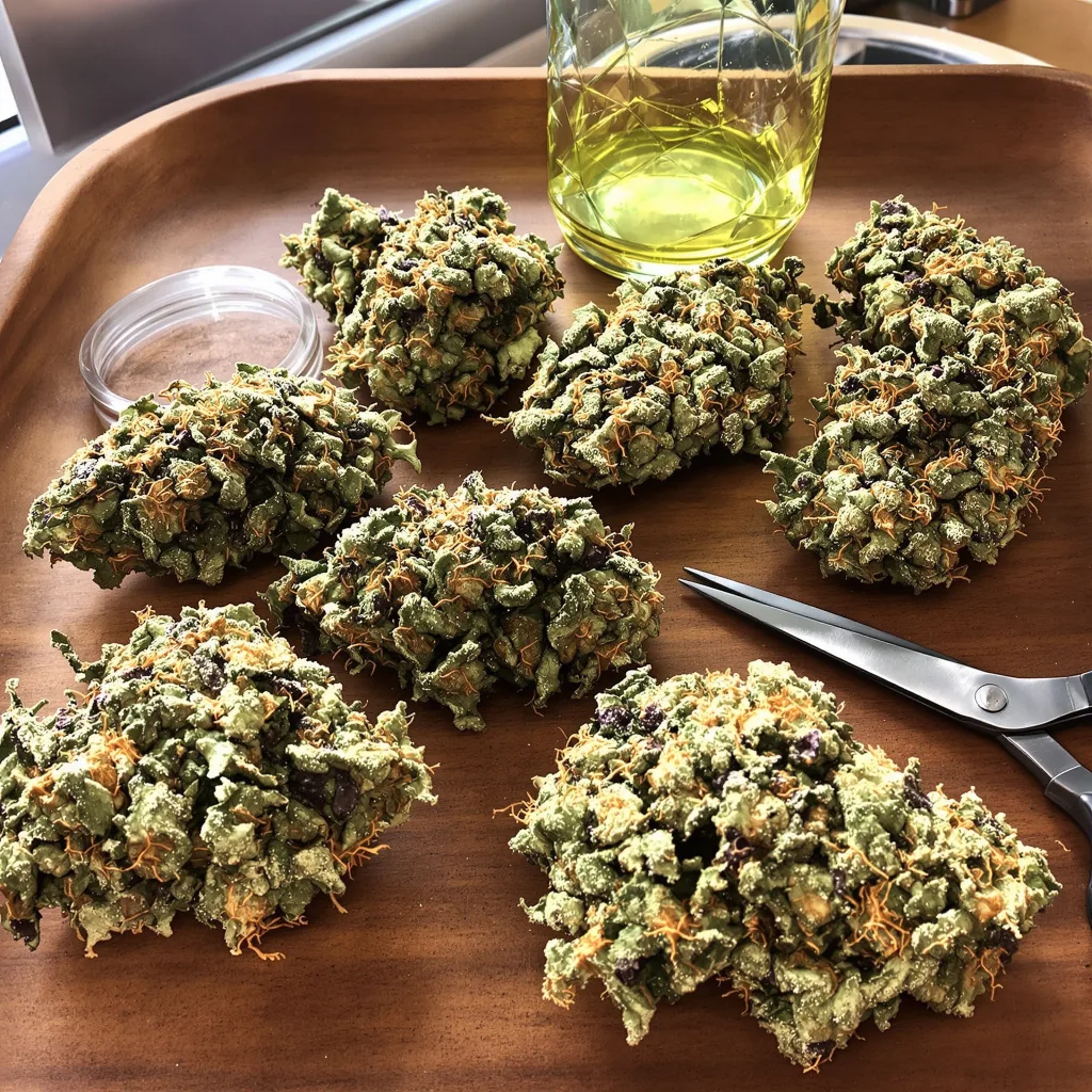 Midnight 44% indica / 56% sativa flower with visible trichomes