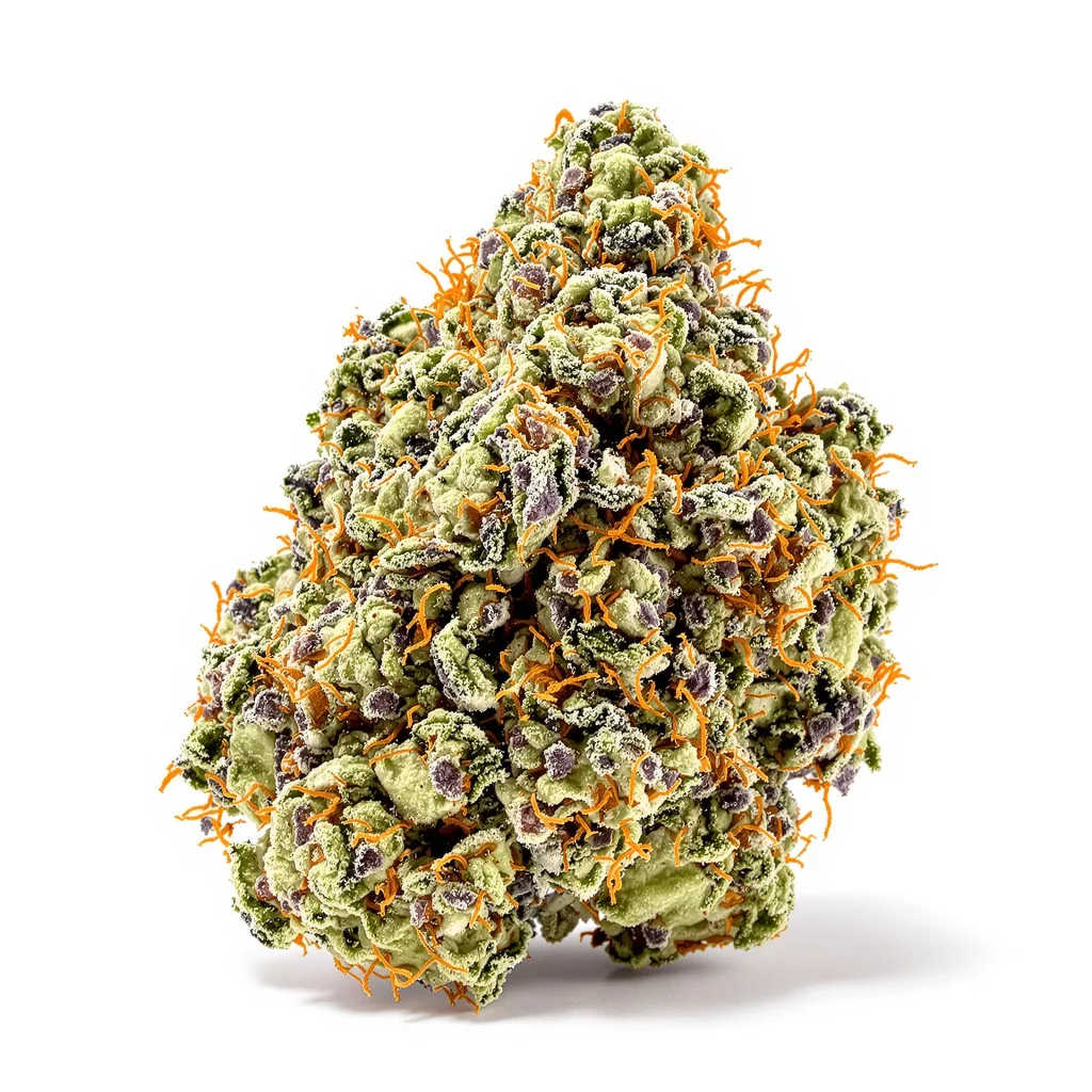 Midnight 44% indica / 56% sativa flower with visible trichomes