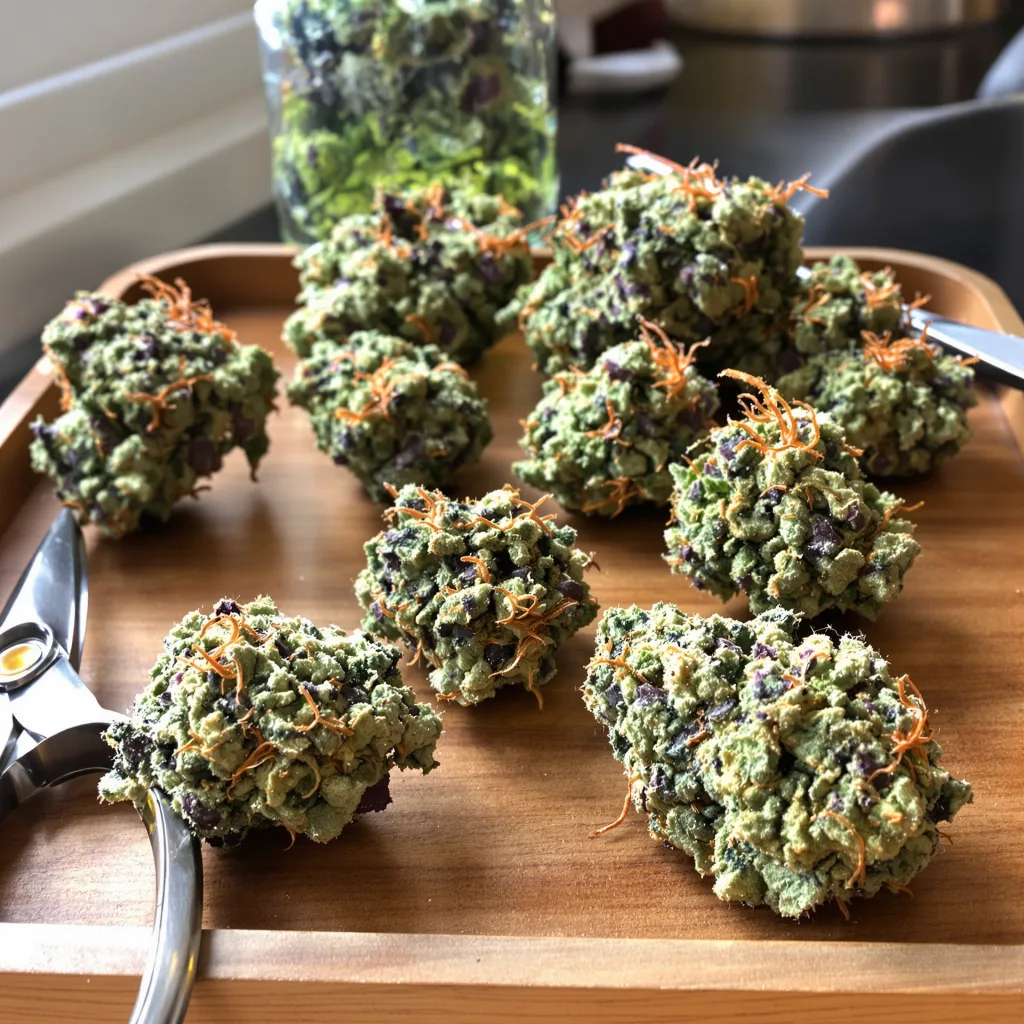 Misty Kush 47% indica / 53% sativa flower with visible trichomes