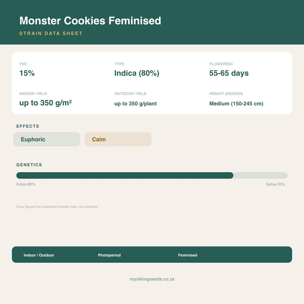 Monster Cookies 80% indica / 20% sativa flower with visible trichomes
