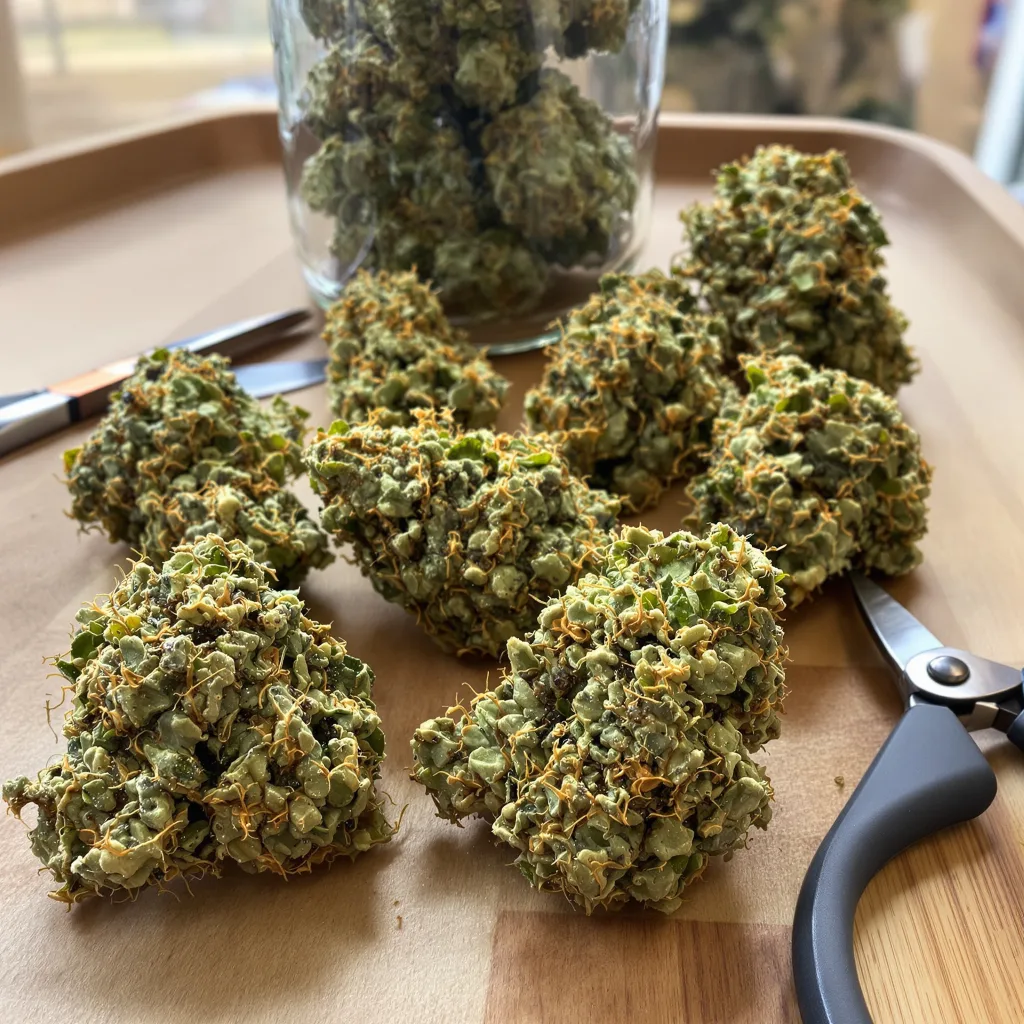 Neptune Kush 10% indica / 90% sativa flower with visible trichomes