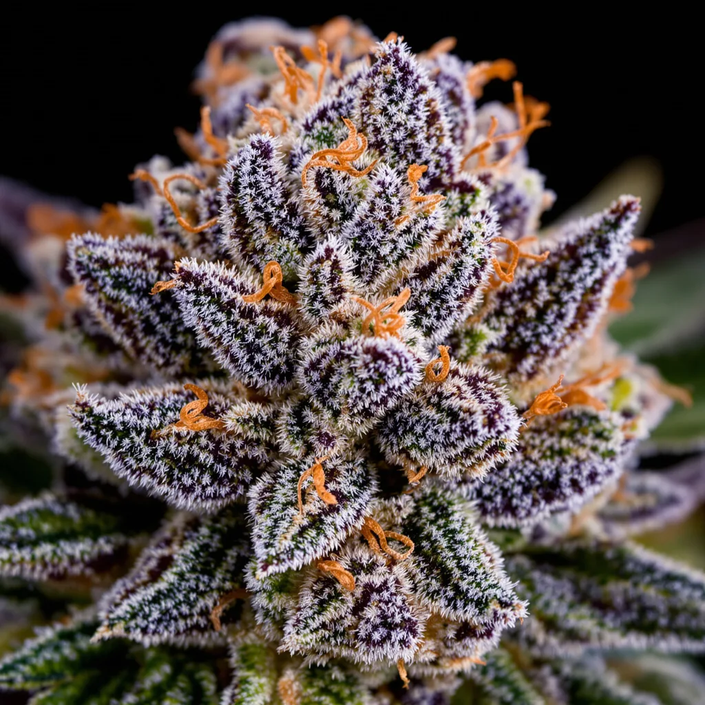 North American cannabis bud close-up showing dense purple-tinged calyxes
