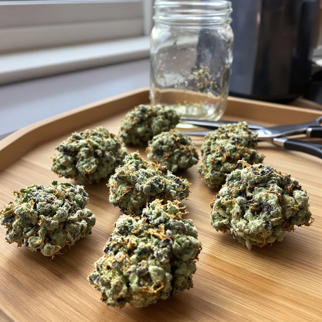 OG Diesel Kush 35% indica / 65% sativa flower with visible trichomes