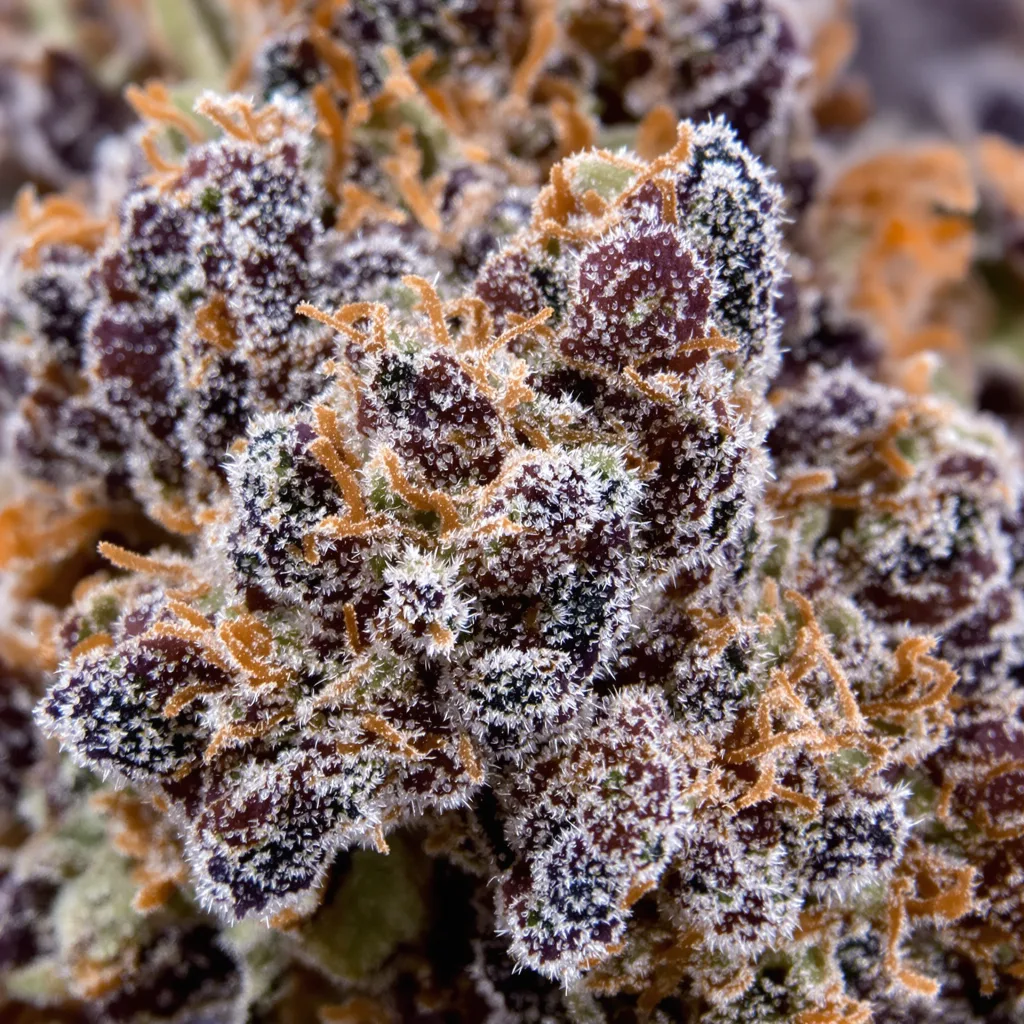 OG's Pearl cannabis bud close-up showing dense purple-tinged calyxes
