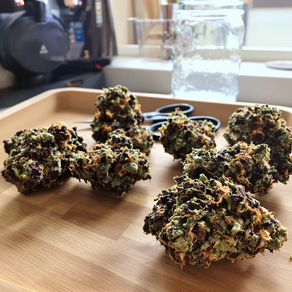 Orange Kush Cake 72% indica / 28% sativa flower with visible trichomes
