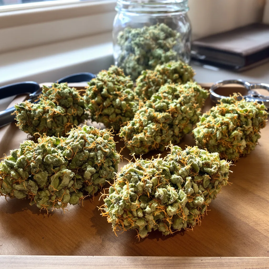 Original Lemon Pie 16% indica / 84% sativa flower with visible trichomes