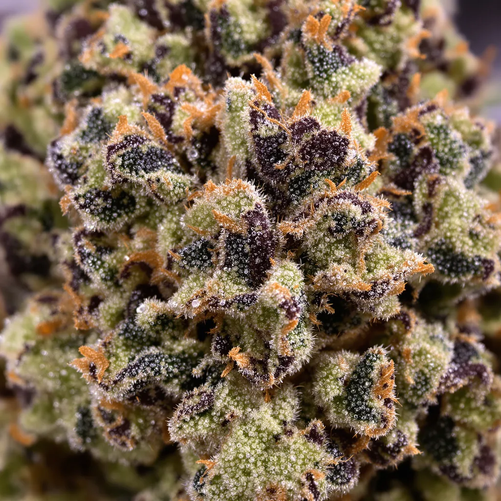 Peyote Gorilla cannabis bud close-up showing dense purple-tinged calyxes