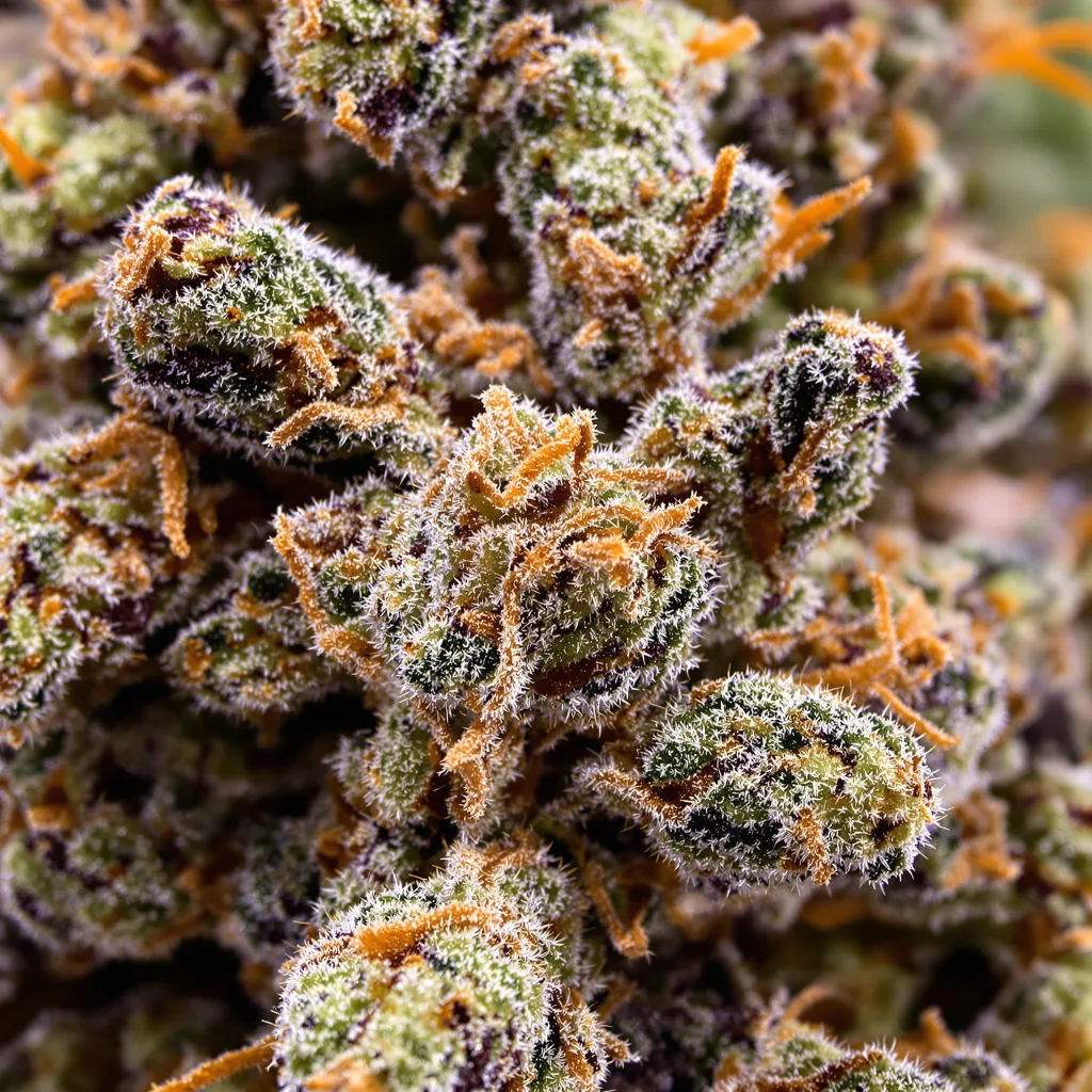 Pink Panther cannabis bud close-up showing dense purple-tinged calyxes