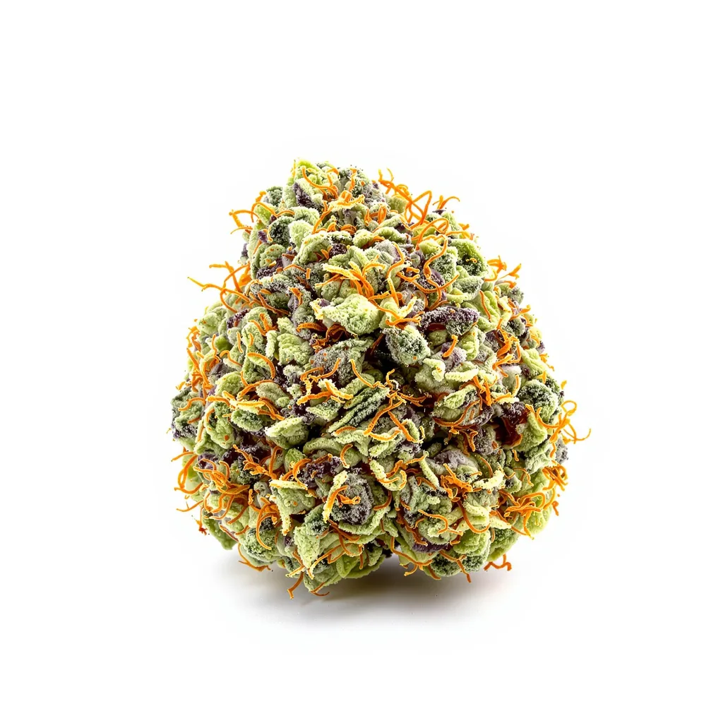 Platinum OG 62% indica / 38% sativa flower with visible trichomes
