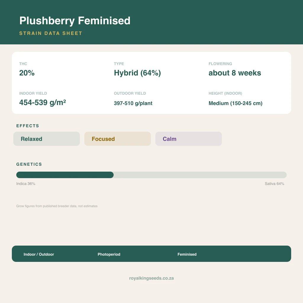Plushberry 36% indica / 64% sativa flower with visible trichomes