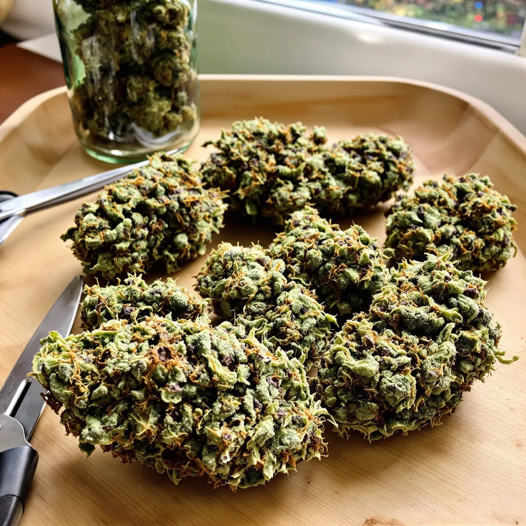 Power Kush 56% indica / 44% sativa flower with visible trichomes