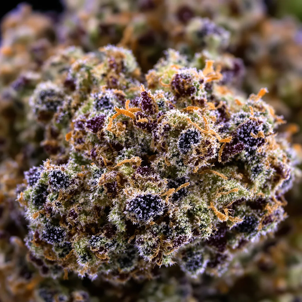 Puna Budder cannabis bud close-up showing dense purple-tinged calyxes