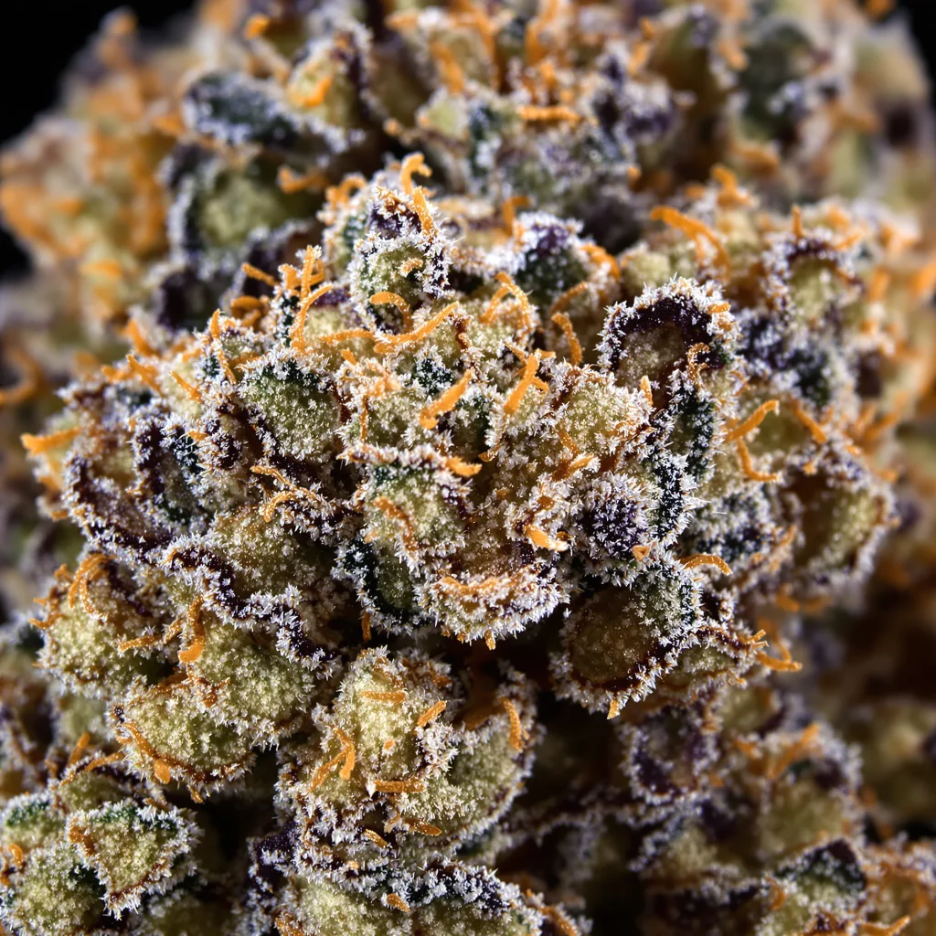 Pure Indica cannabis bud close-up showing dense purple-tinged calyxes