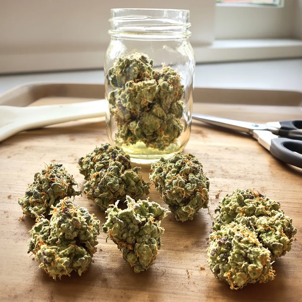 Pure Love 42% indica / 58% sativa flower with visible trichomes