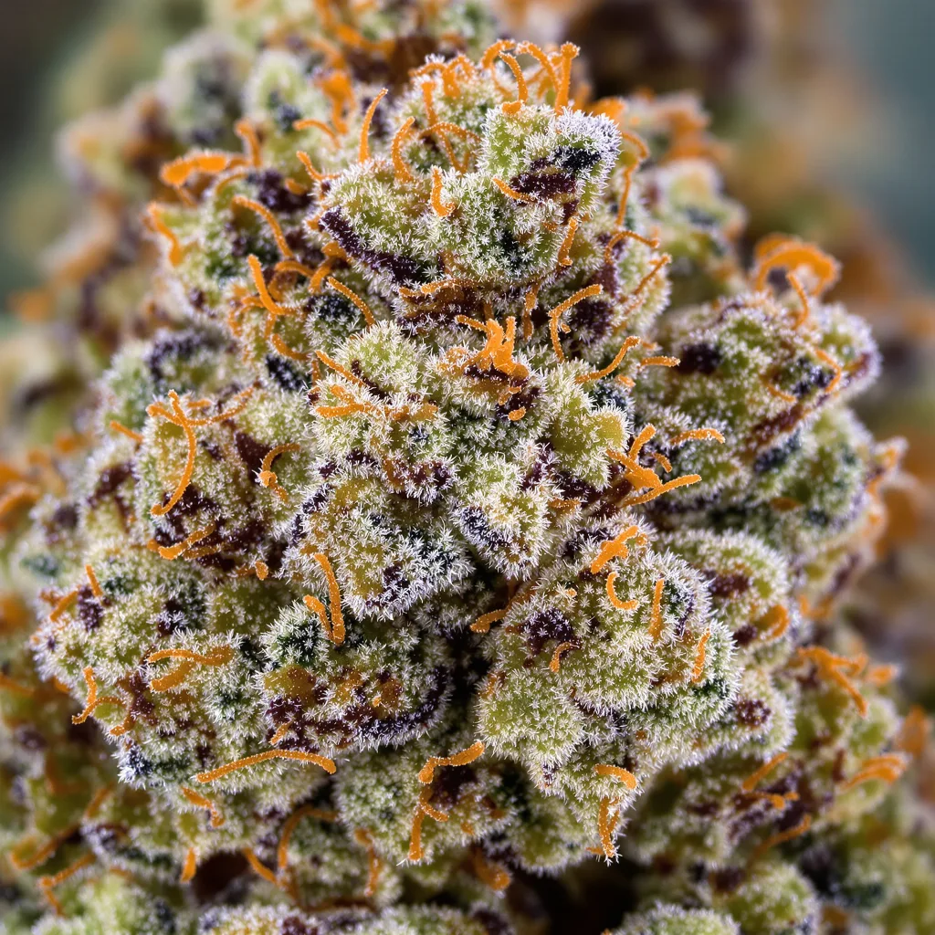 Pure Love cannabis bud close-up showing balanced bud structure with frosted trichomes