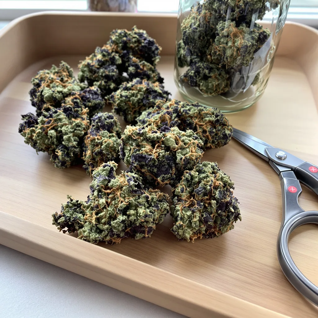 Purple 43 68% indica / 32% sativa flower with visible trichomes
