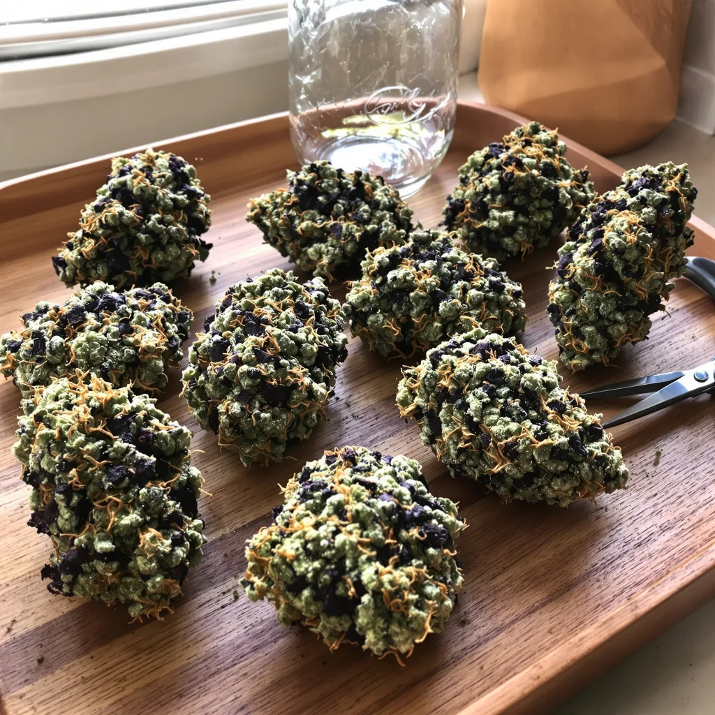 Purple Afghani 84% indica / 16% sativa flower with visible trichomes