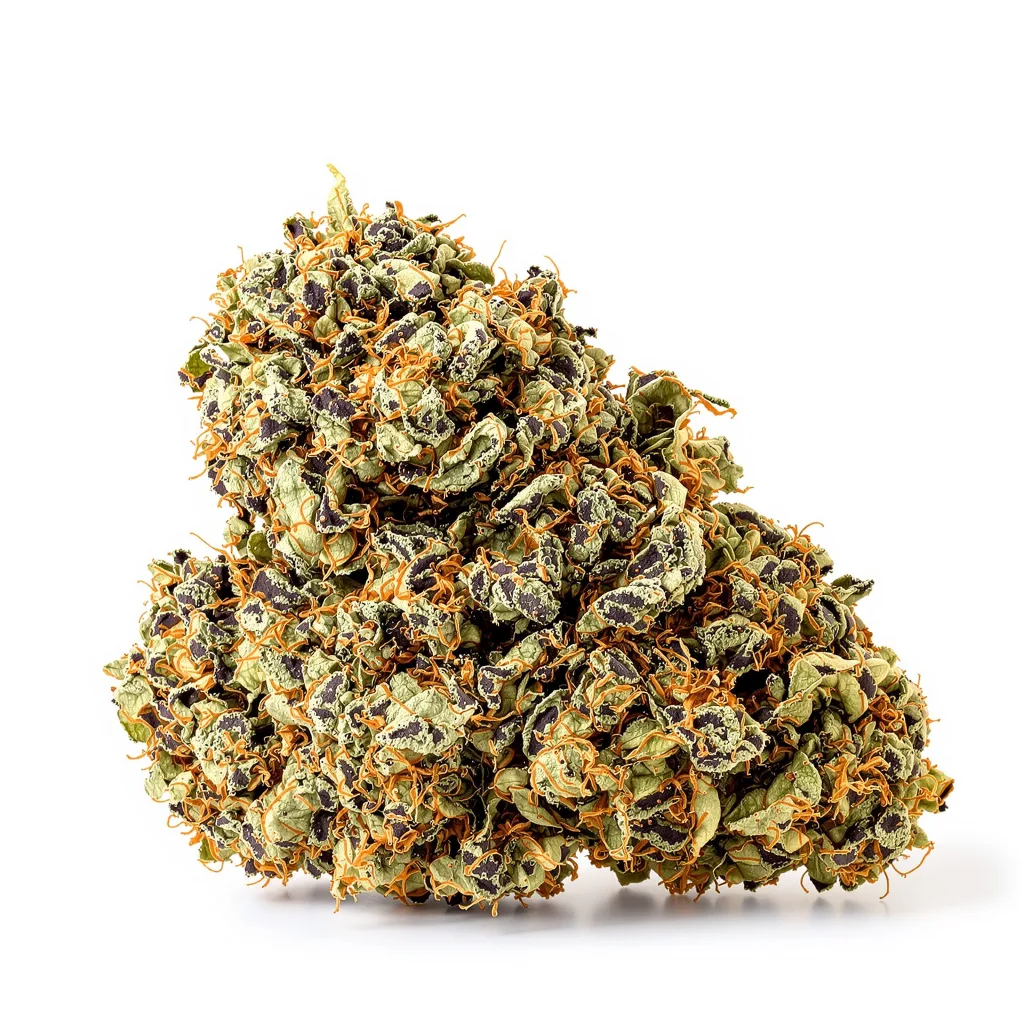 Purple Alien OG 86% indica / 14% sativa flower with visible trichomes