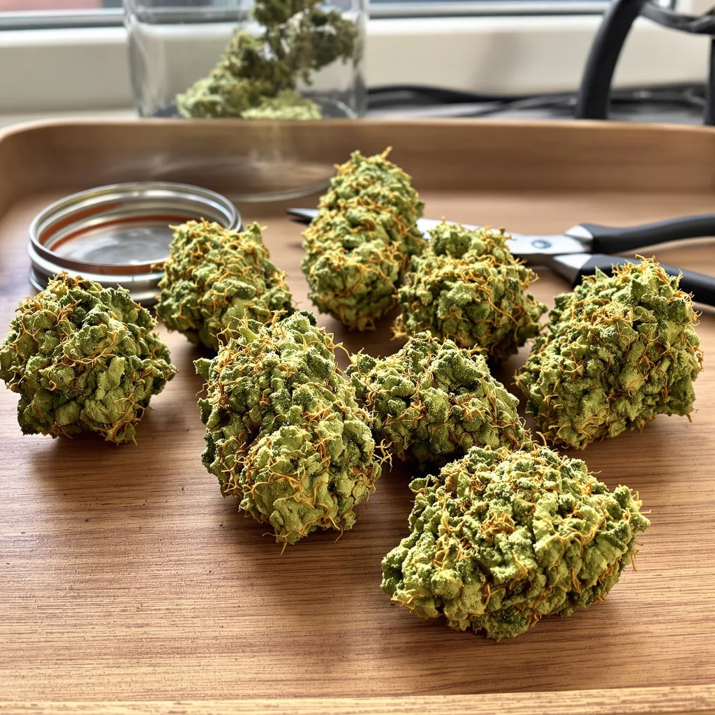 Purple Diesel 30% indica / 70% sativa flower with visible trichomes