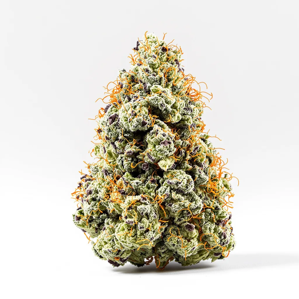 Purple Gorilla 46% indica / 54% sativa flower with visible trichomes