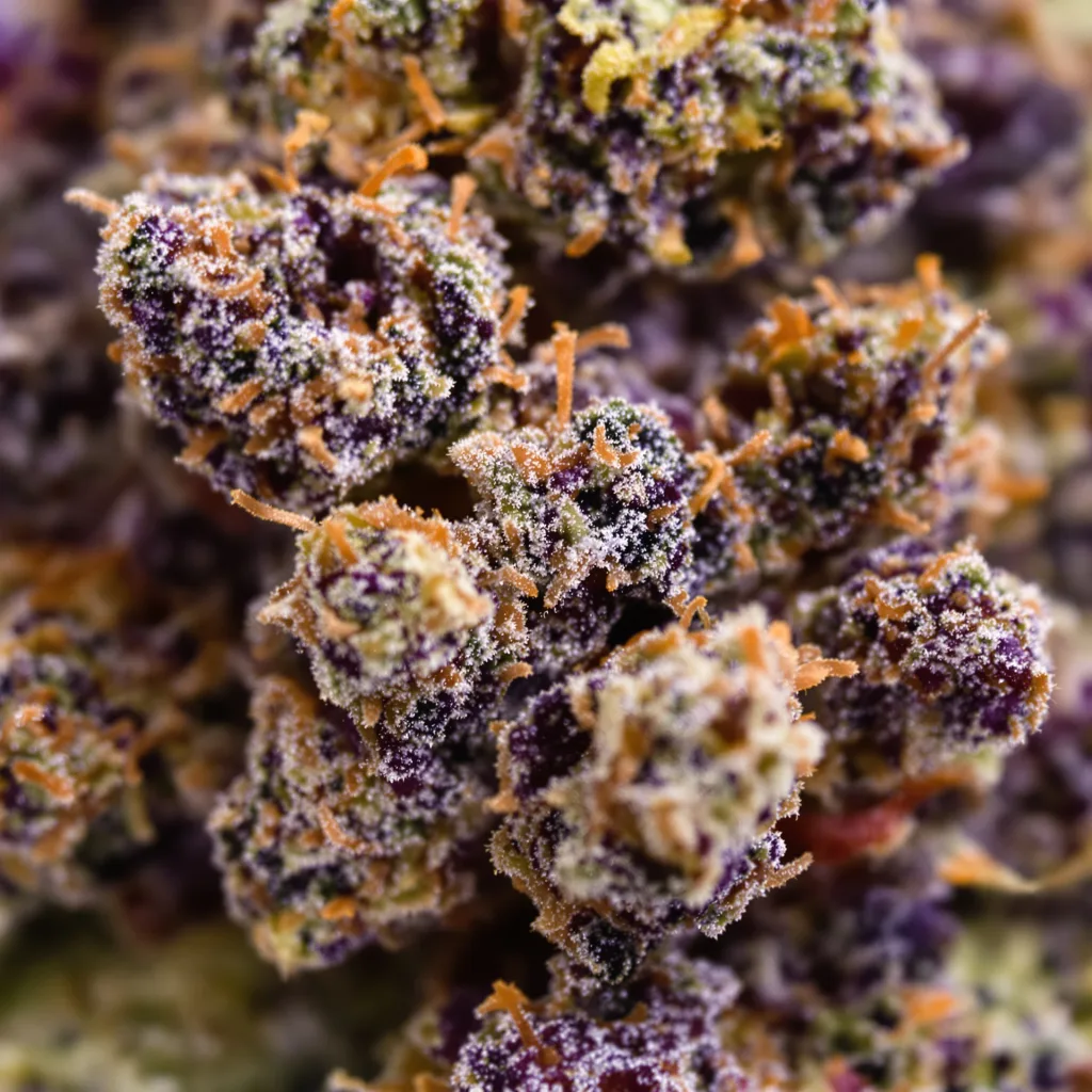 Purple Martian Kush cannabis bud close-up showing dense purple-tinged calyxes