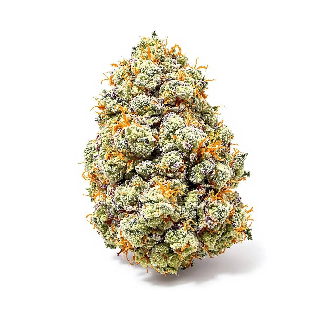 Purple Nepal Candy 39% indica / 61% sativa flower with visible trichomes