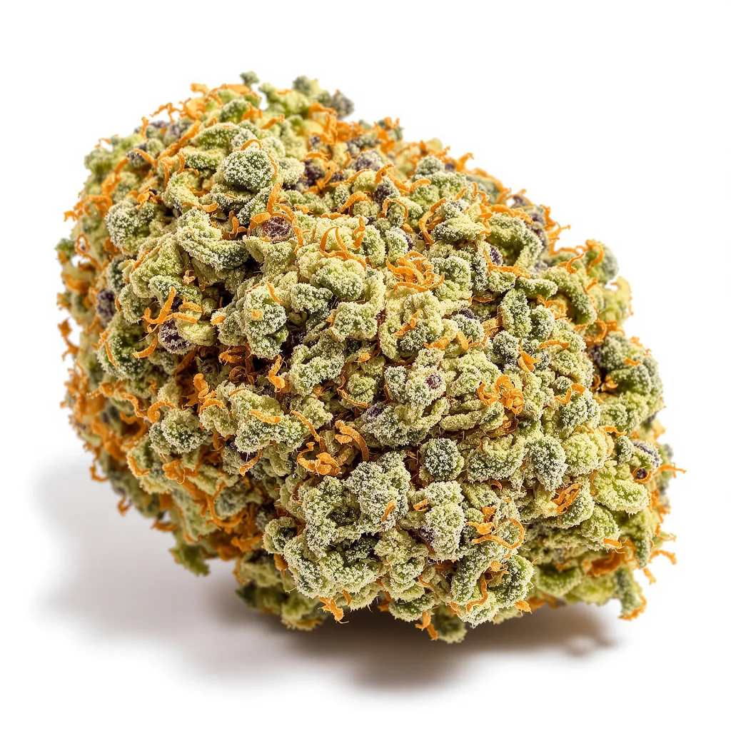Purple Nepal Candy 39% indica / 61% sativa flower with visible trichomes