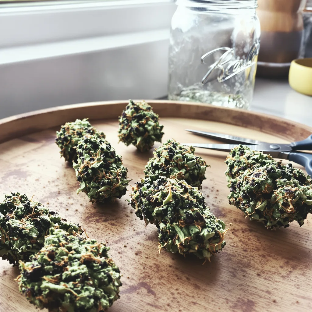 Purple OG Kush 75% indica / 25% sativa flower with visible trichomes