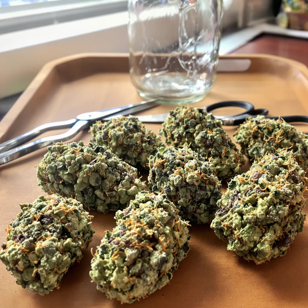 Purple Sour Diesel 33% indica / 67% sativa flower with visible trichomes