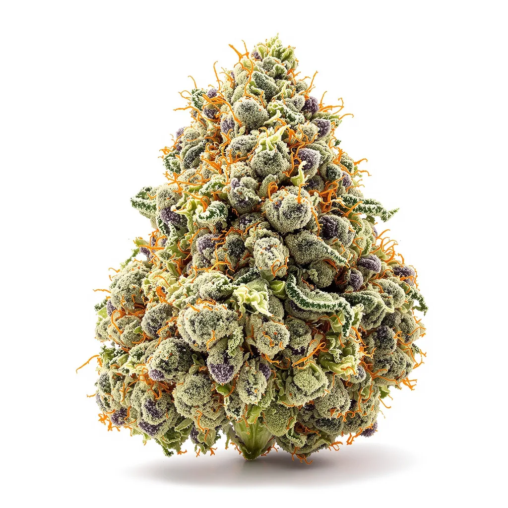 Purple Sour Diesel 33% indica / 67% sativa flower with visible trichomes