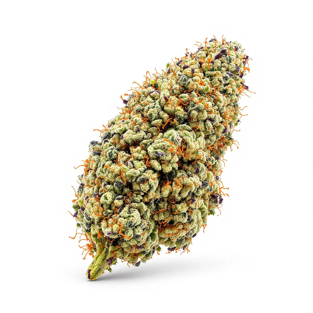 Purple Trainwreck 50% indica / 50% sativa flower with visible trichomes