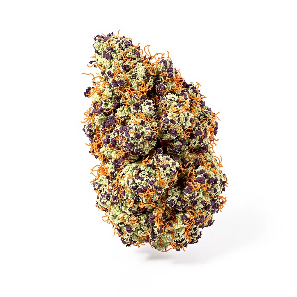 Purple Urkle 74% indica / 26% sativa flower with visible trichomes