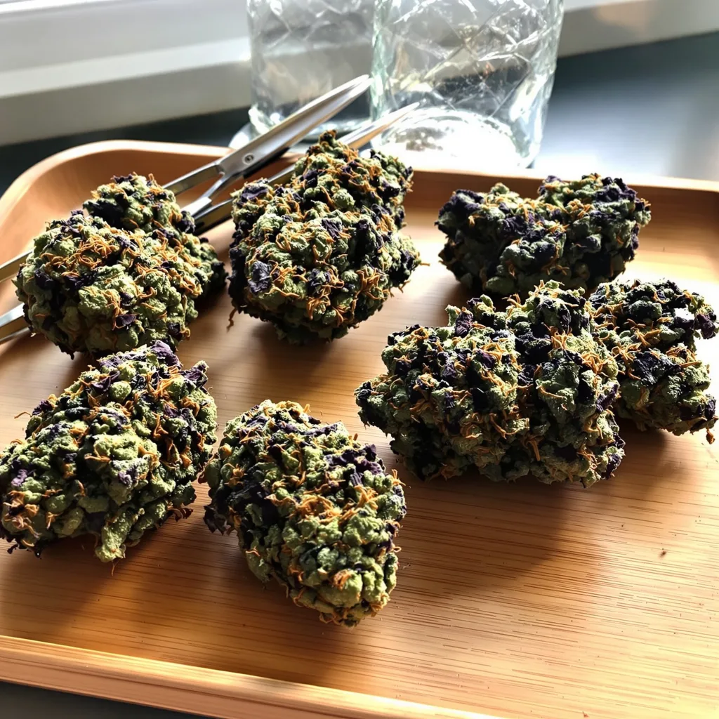 Quin-N-Tonic 77% indica / 23% sativa flower with visible trichomes