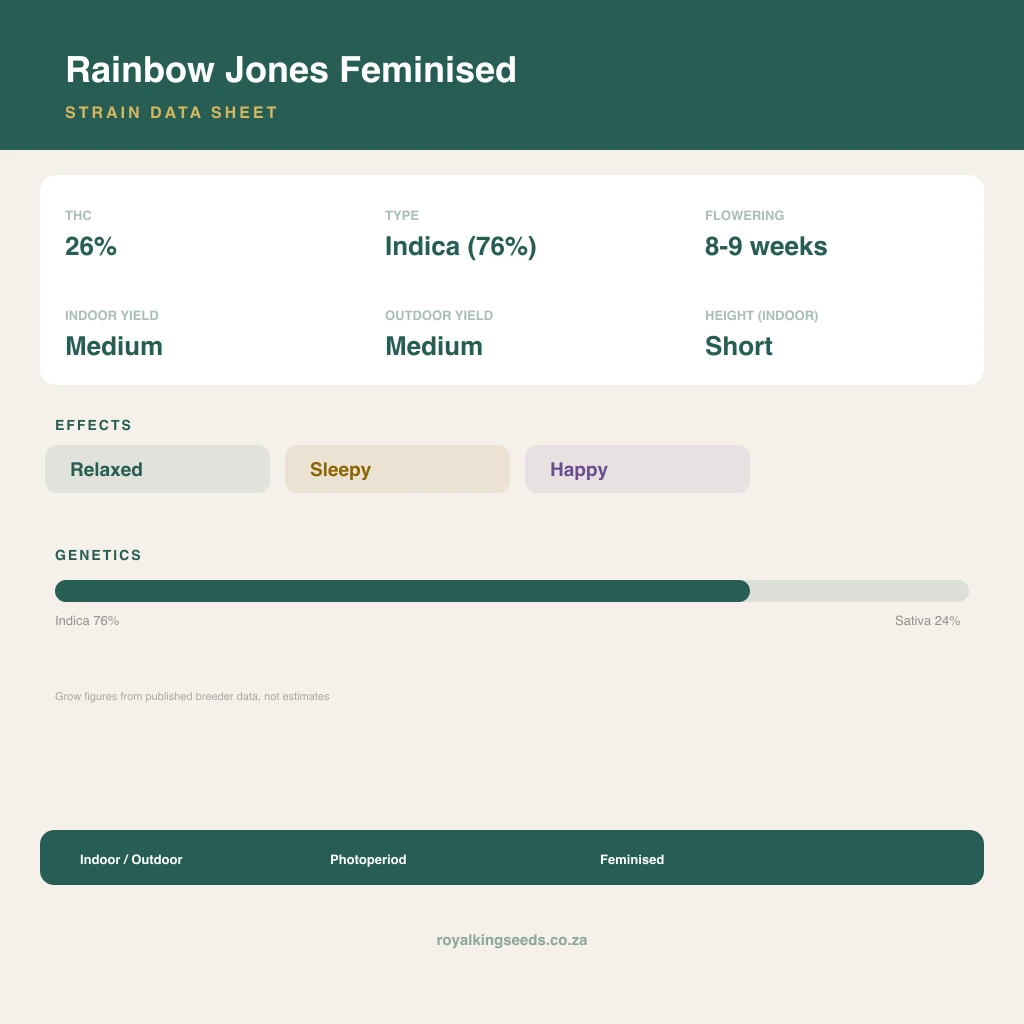 Rainbow Jones 76% indica / 24% sativa flower with visible trichomes