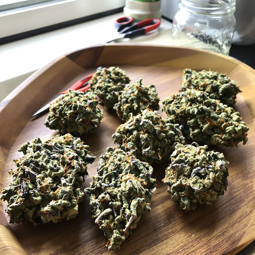 Raspberry Cough 28% indica / 72% sativa flower with visible trichomes