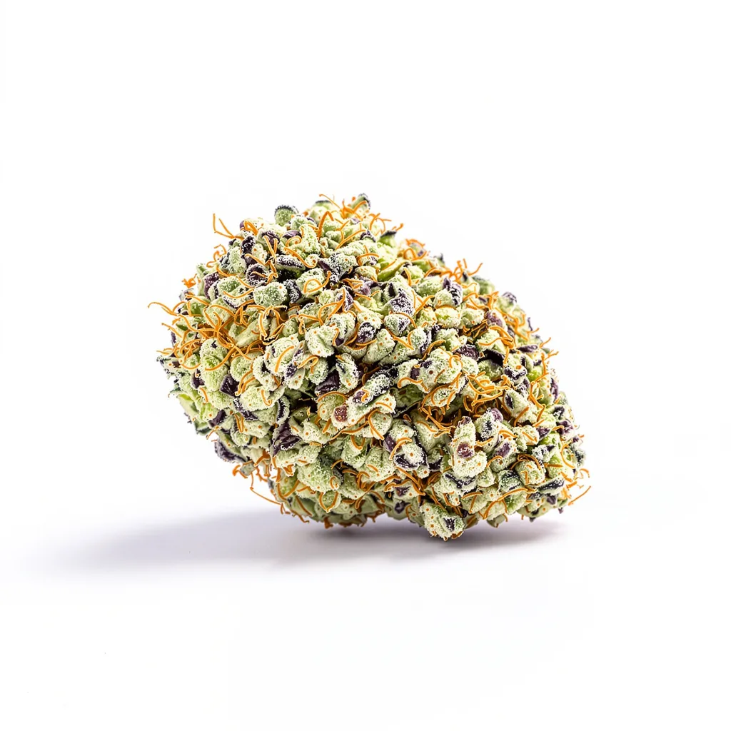 Raspberry Cough 28% indica / 72% sativa flower with visible trichomes