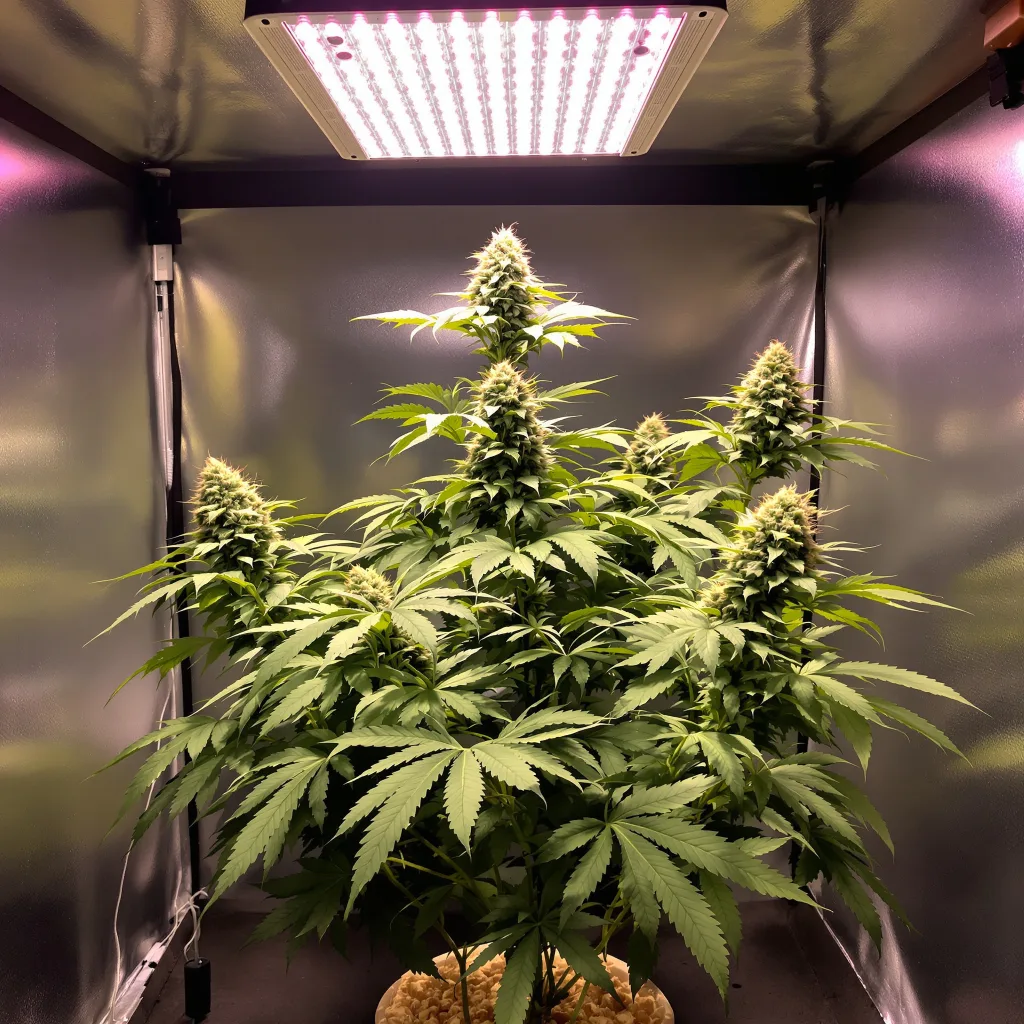 Reclining Buddha cannabis plant in flowering stage — 90-120 cm. Medium autoflower