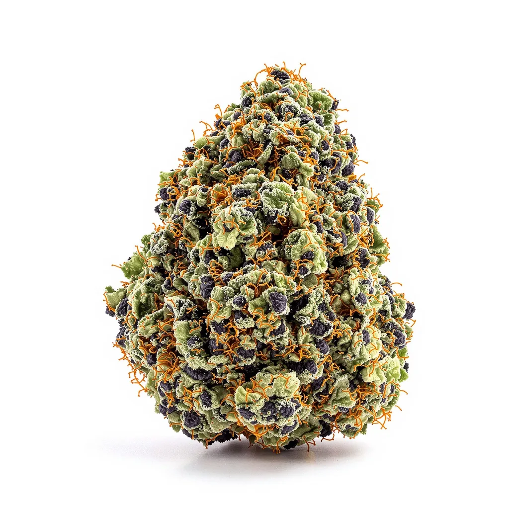 Reclining Buddha 75% indica / 25% sativa flower with visible trichomes