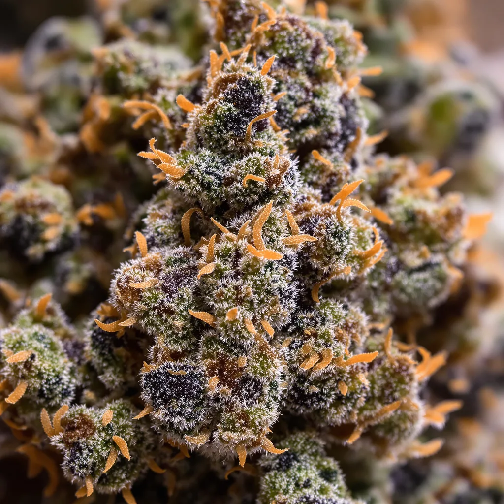 Reclining Buddha cannabis bud close-up showing dense purple-tinged calyxes
