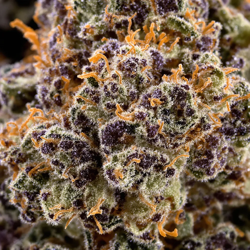 Rug Burn OG cannabis bud close-up showing dense purple-tinged calyxes