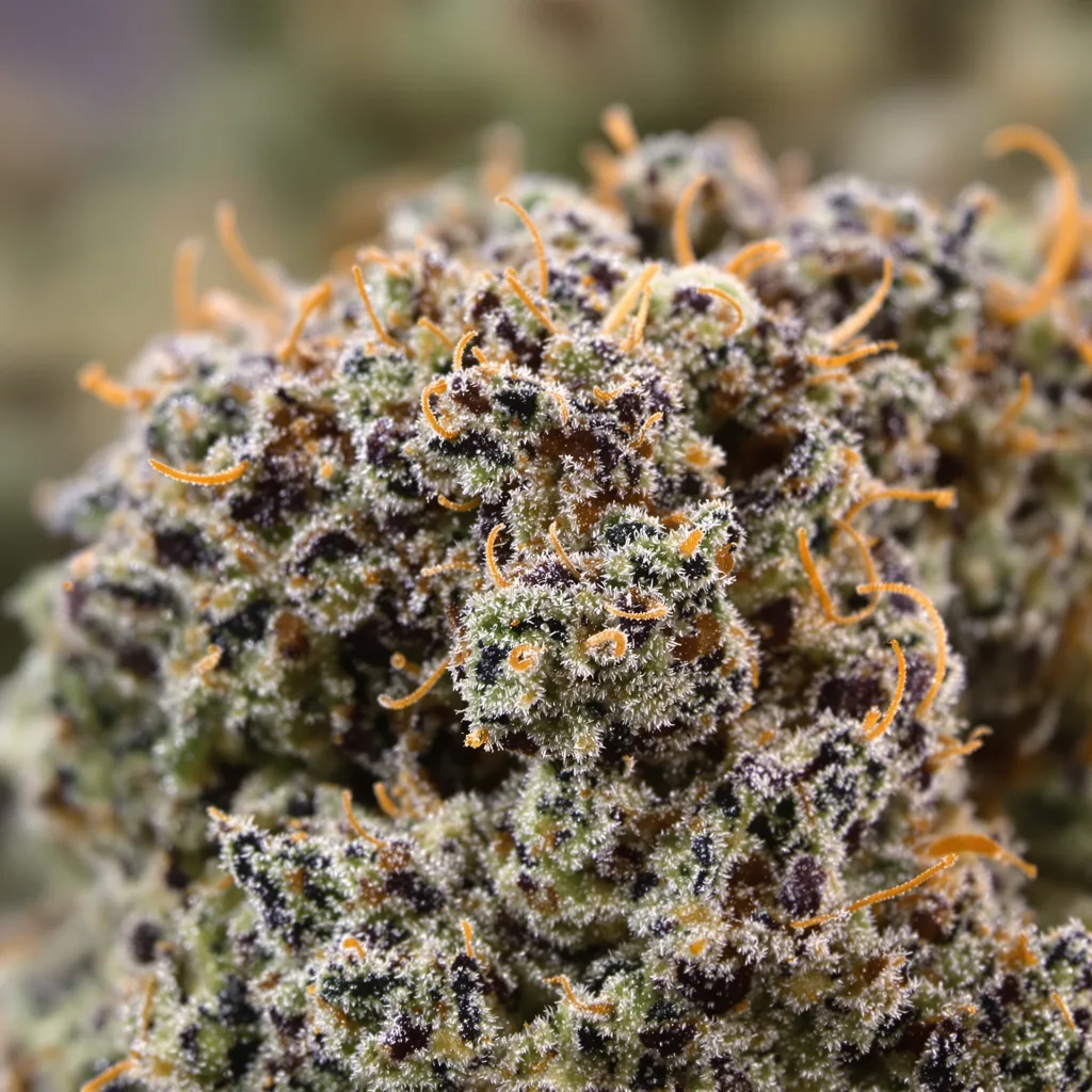 San Fernando Valley Kush cannabis bud close-up showing dense purple-tinged calyxes