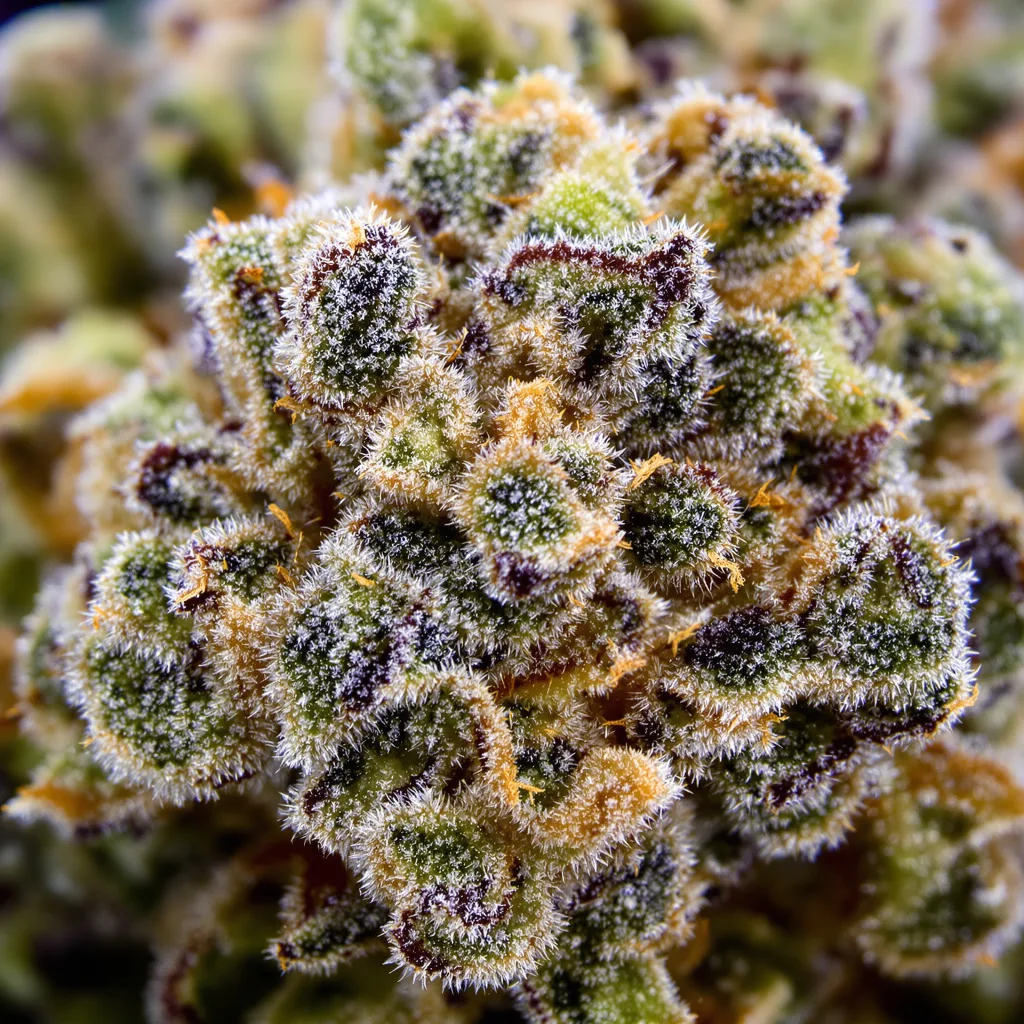 Serious Happiness cannabis bud close-up showing balanced bud structure with frosted trichomes