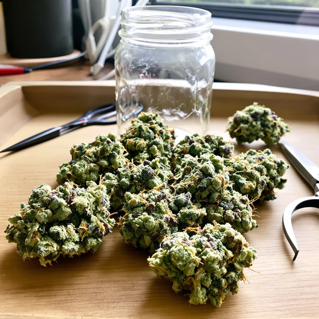 Sister Glue 47% indica / 53% sativa flower with visible trichomes