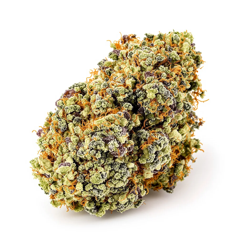 Six Shooter 44% indica / 56% sativa flower with visible trichomes
