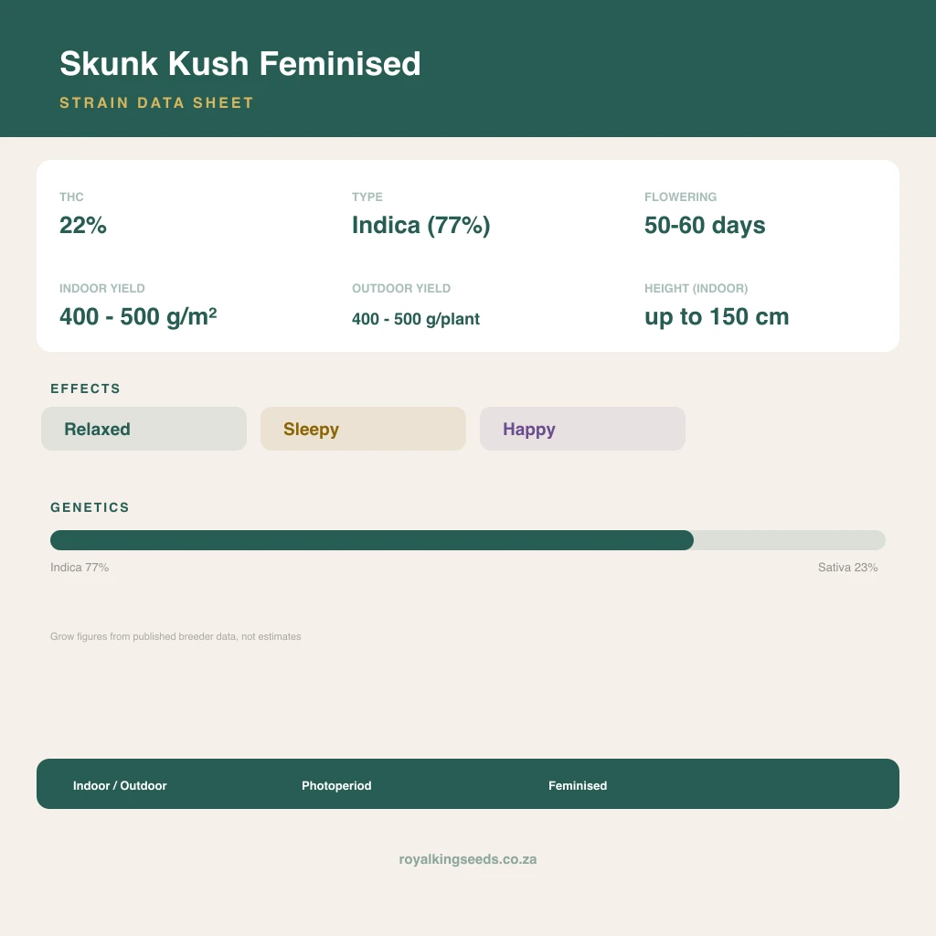 Skunk Kush 77% indica / 23% sativa flower with visible trichomes