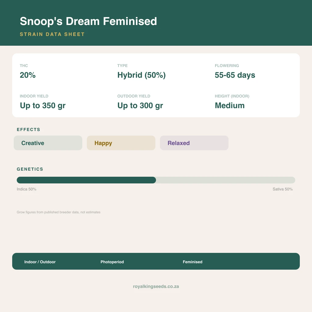 Snoop's Dream 50% indica / 50% sativa flower with visible trichomes