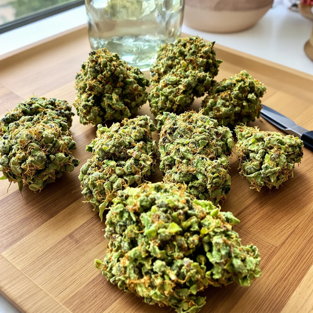 Sour Cookies 8% indica / 92% sativa flower with visible trichomes