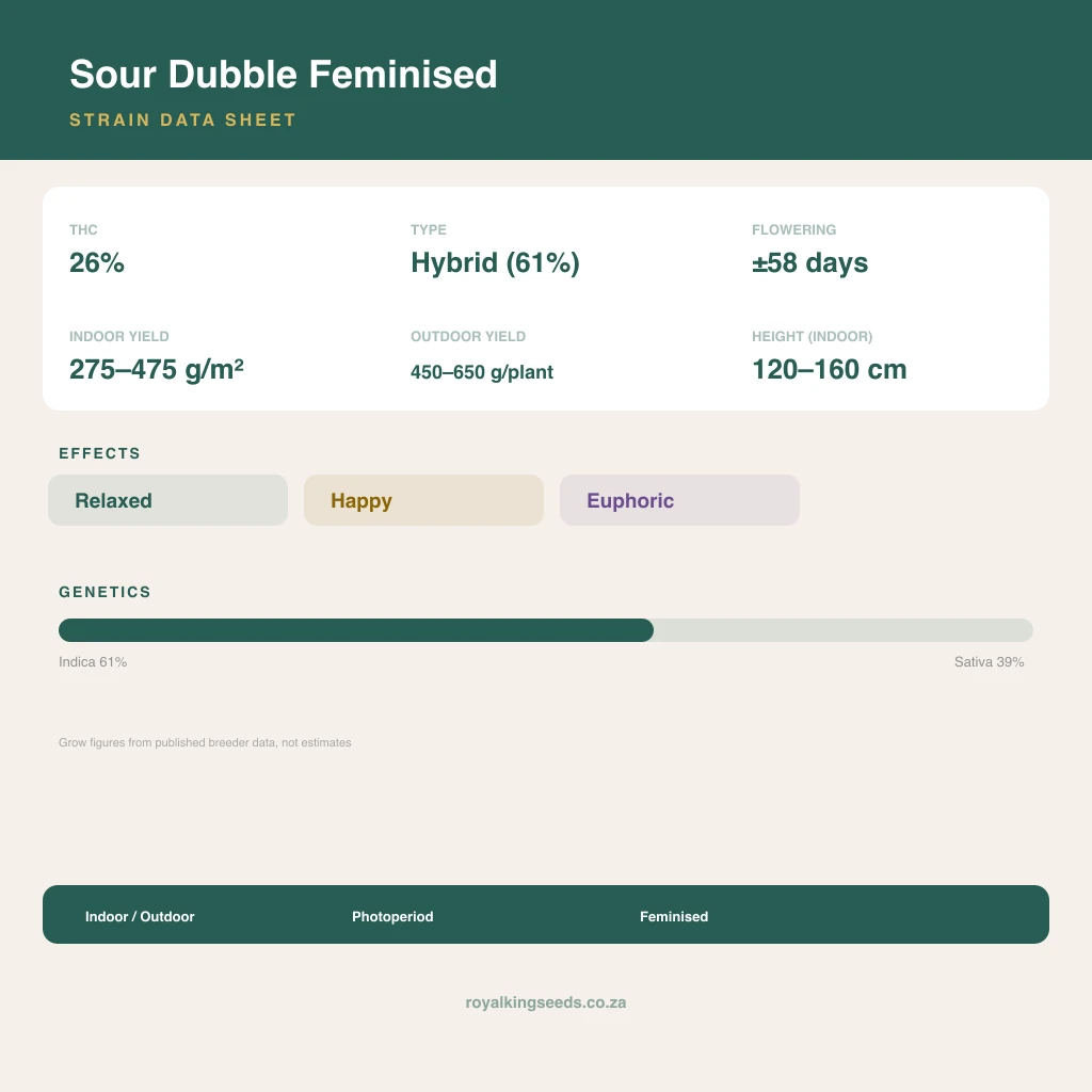 Sour Dubble 61% indica / 39% sativa flower with visible trichomes